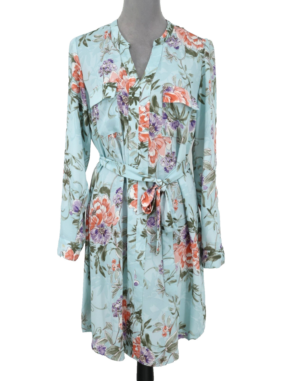 Nanette Lepore Dress Womens 8 Light Green Floral Long Sleeve Belted Pockets